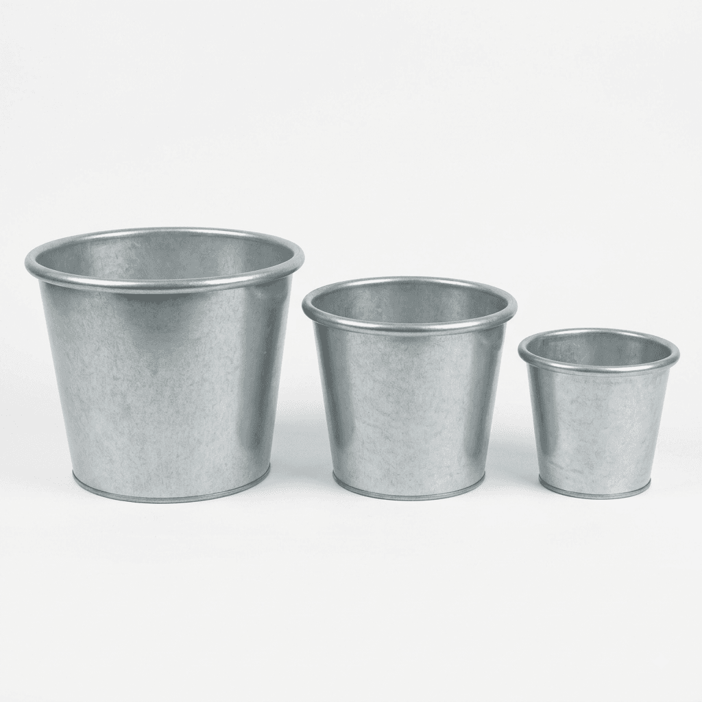 Set of three Thornstead galvanised steel planters in graduated sizes
