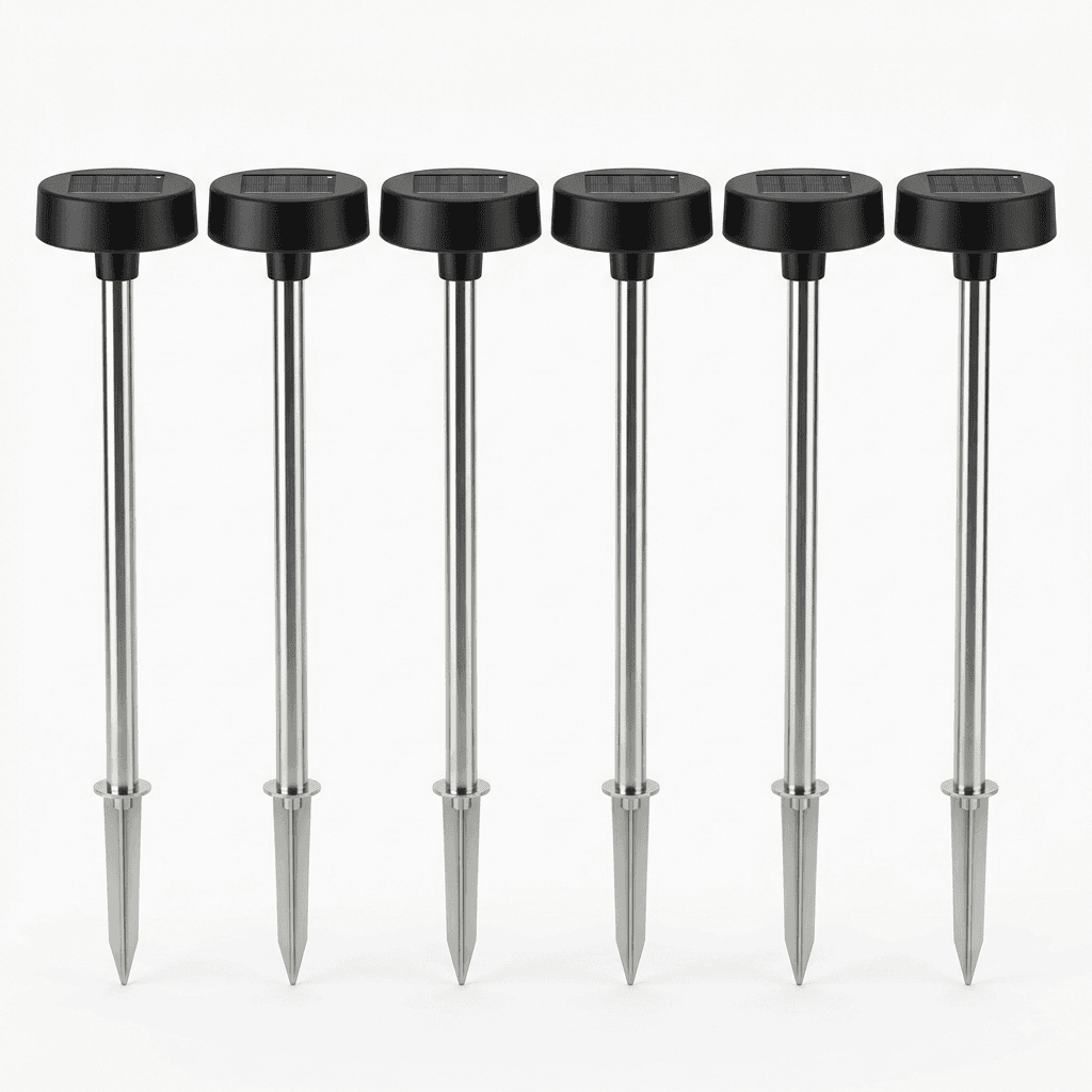 Six Thornstead solar garden lights arranged in a row